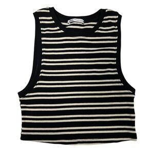 ZARA Black White Striped Ribbed Knit Crop Tank Top Women's Size Small